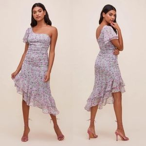 NEW ASTR Women's One-Shoulder Chiffon Floral Dress Size M Green Pink